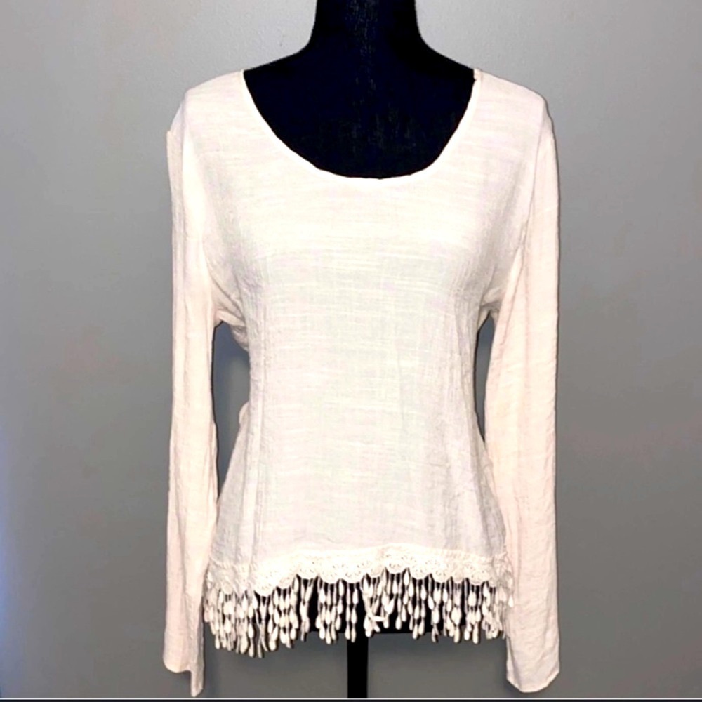 Charming Charlie top boho fringe long sleeve blouse L holiday fall winter casual